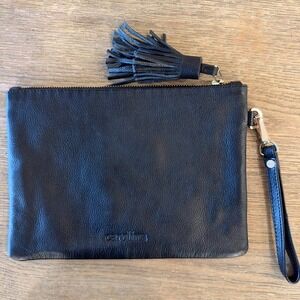 Carolina Lifestyle Black Leather Clutch-Wristlet strap & tassel detail-Gold Hdwr